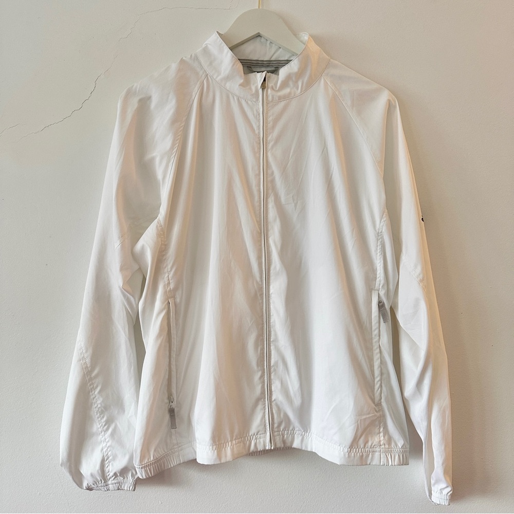ADIDAS WHITE LIGHT SPORTS RUNNING JACKET WOMEN GYM EMBROIDERED BLACK LOGO S-M